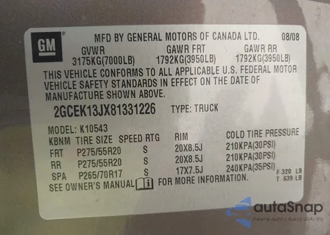 2008 Chevrolet Silverado 1500 Ltz z USA, uszkodzony, nr VIN 2GCEK13JX81331226
